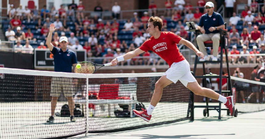 College tennis leaping shot goes viral despite net violation