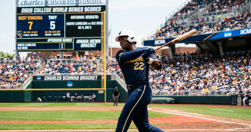 West Virginia wins first College World Series game 7-5 against Troy