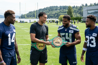 David Benavidez presents custom boxing title to Seattle Seahawks
