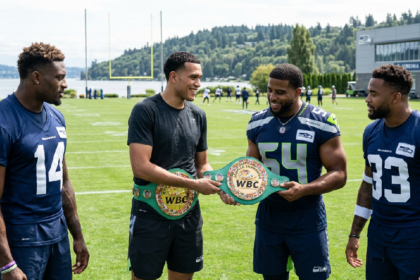 David Benavidez presents custom boxing title to Seattle Seahawks