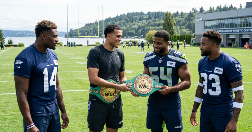David Benavidez presents custom boxing title to Seattle Seahawks