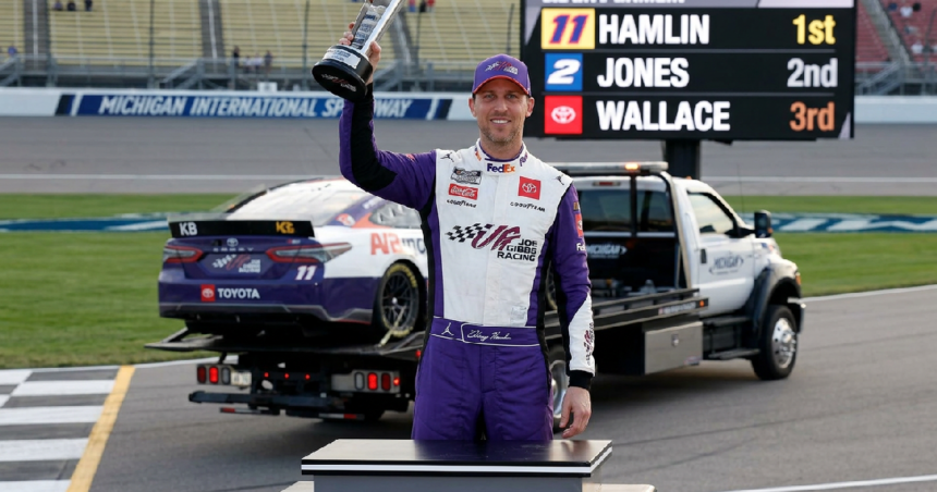 Denny Hamlin claims 63rd Cup Series win at Michigan, honoring Kyle Busch