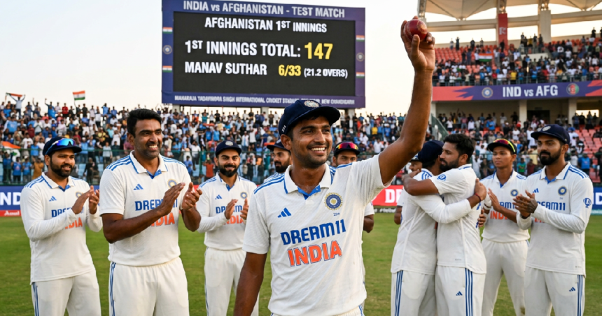 Manav Suthar claims 6/33 on Test debut against Afghanistan