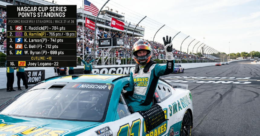 Denny Hamlin wins third straight, cuts Tyler Reddick's lead to 19 points