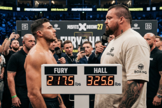 Tommy Fury and Eddie Hall weigh in for today's 6-round exhibition bout