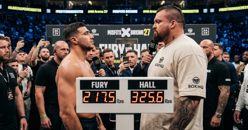 Tommy Fury and Eddie Hall weigh in for today's 6-round exhibition bout